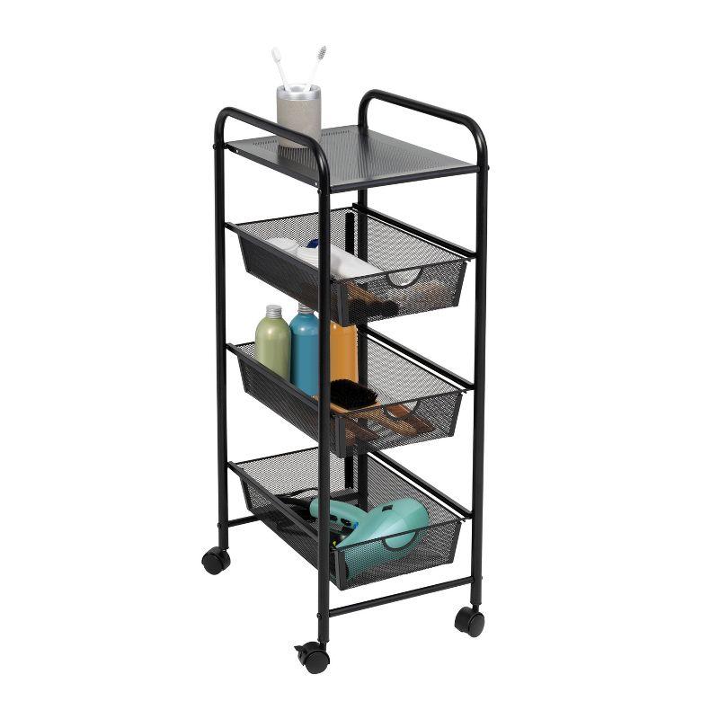 Black Metal 3-Drawer Rolling Storage Cart with Mesh Drawers