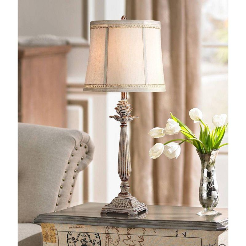 Regency Hill Petite Artichoke Font Traditional Table Lamp 28" Tall Antique White Washed Beige Fabric Bell Shade for Bedroom Living Room Nightstand