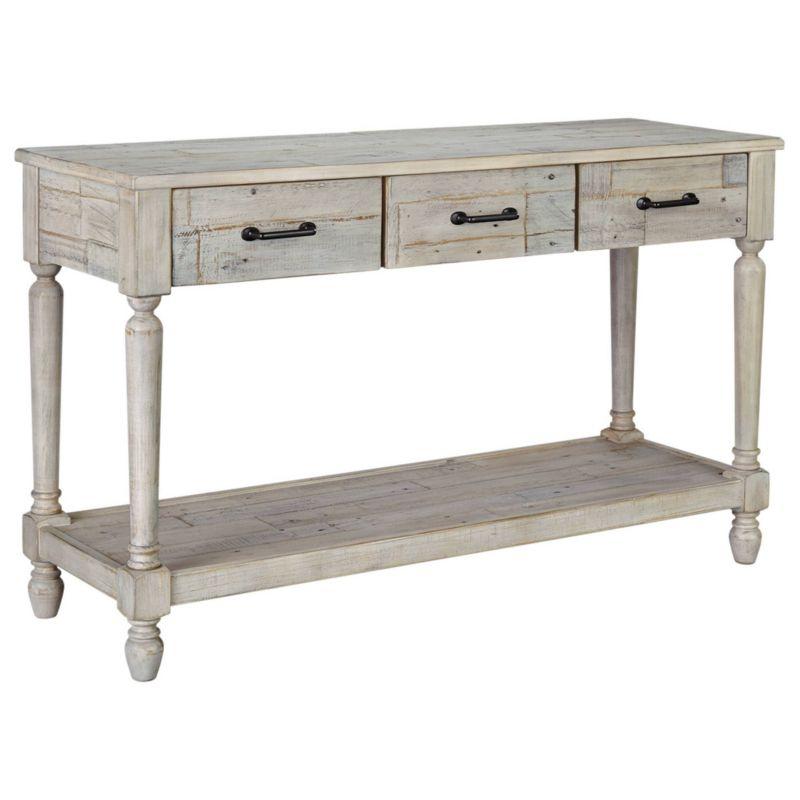 Shawnalore Sofa/Console Table Whitewash - Signature Design by Ashley: Pine Wood, Farmhouse Style, with Drawers & Shelf