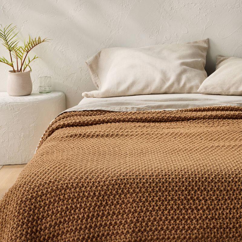 Full/Queen Chunky Knit Bed Blanket Warm Brown Casaluna™: Acrylic