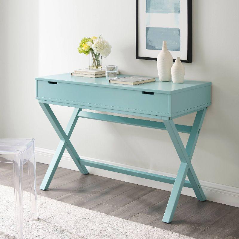 Turquoise Wood Lift-Top Standing Desk with X-Frame Legs