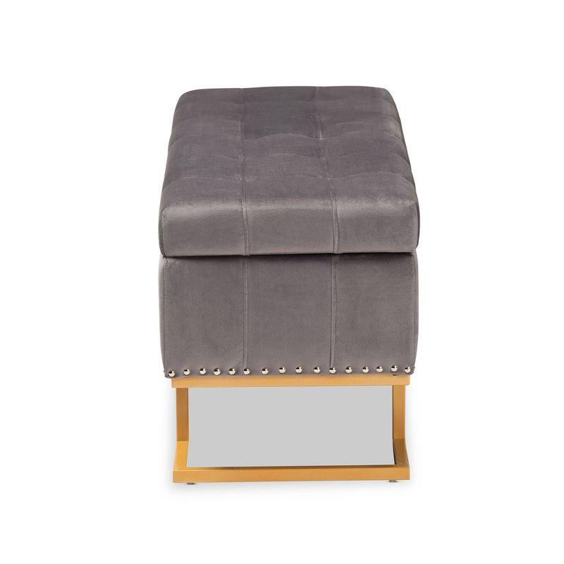 Ellery Grey Velvet Tufted Storage Ottoman with Gold Base