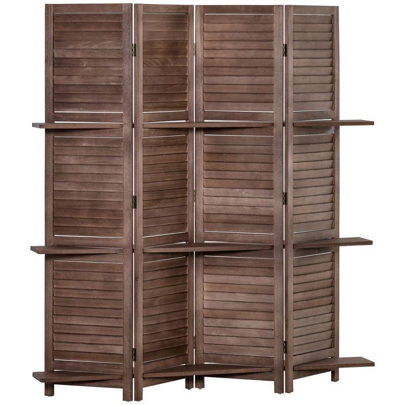 Dark Wood 4-Panel Folding Room Divider with Shelves