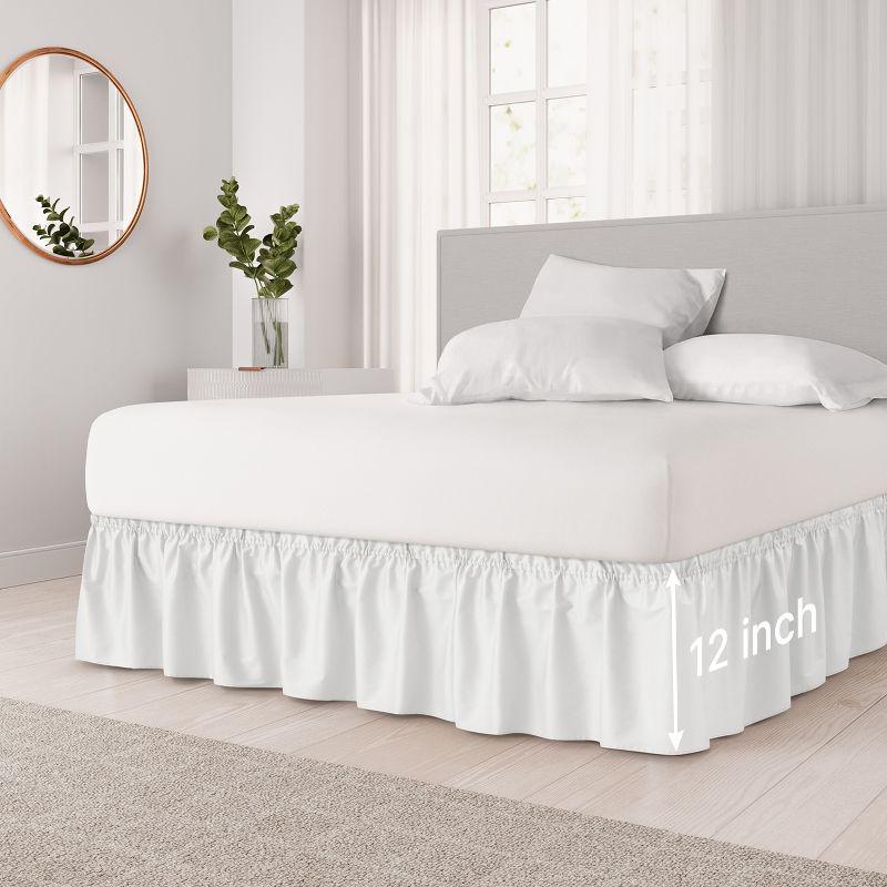 CGK Linens Elastic Wrap-Around Dust Ruffled Bed Skirt - Easy Fit with Pleated 12" Drop in White, Size Queen