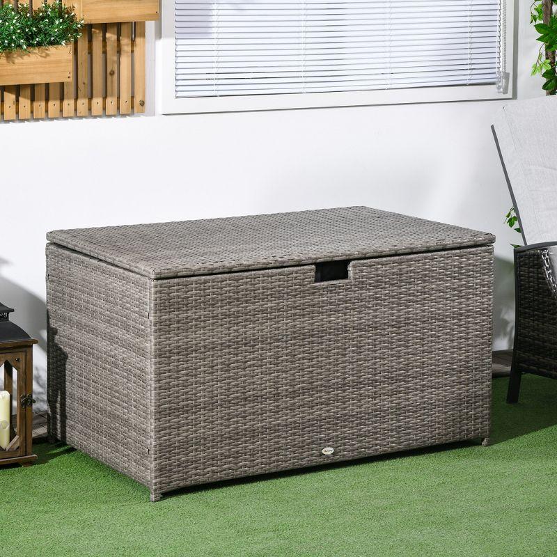 Outsunny 113 Gallon Deck Box, Rattan Outdoor Storage Box, Waterproof Storage Container for Indoor, Patio Furniture Cushions, Pool Supplies, Garden Tools, Brown