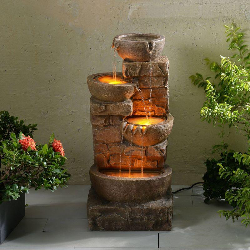 Teamson Home 33.27" Polyresin Cascading Bowls & Stacked Stones LED Fountain: Rust-Resistant, Electric Pump, Ground Freestanding