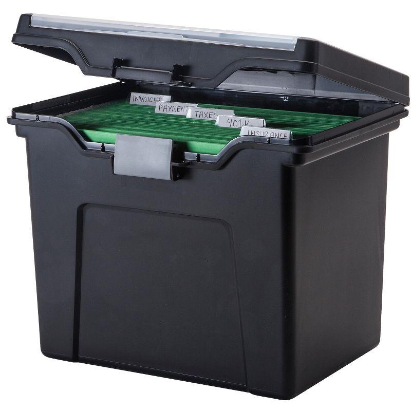 IRIS USA File Box Portable File Organizer Plastic File Box for Letter File w/ Organizer-Lid, Black 4 Pack