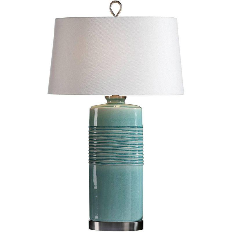 Distressed Teal Ceramic Table Lamp with Oval Linen Shade