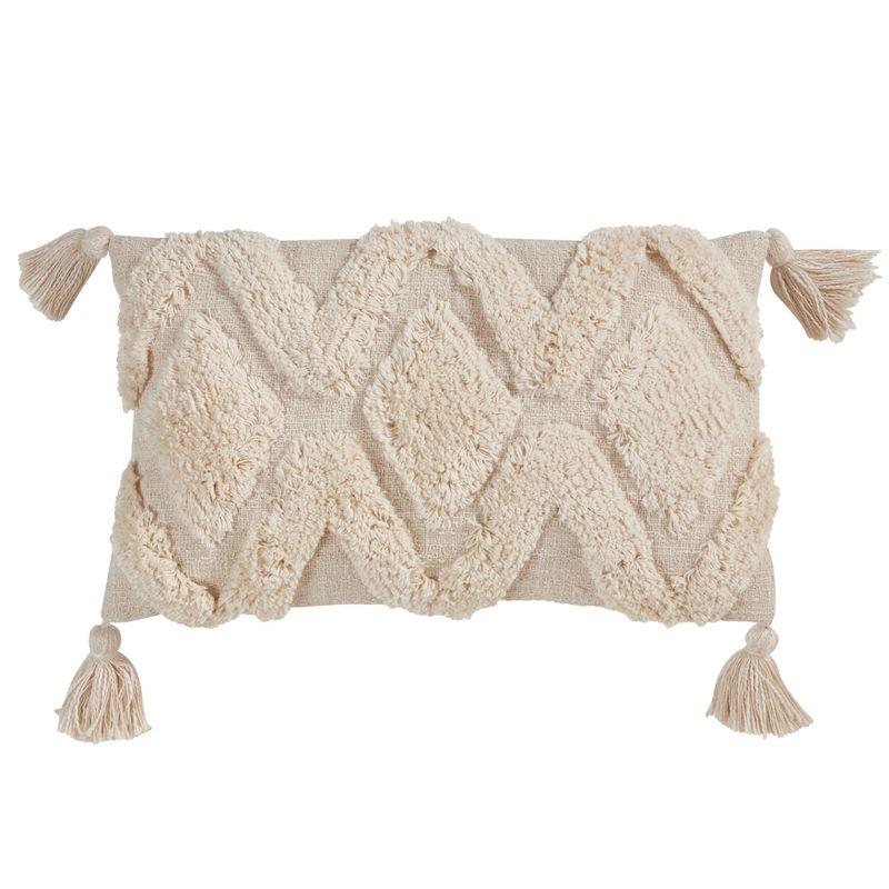 Beige Tufted Diamond Cotton Lumbar Pillow Cover with Tassels