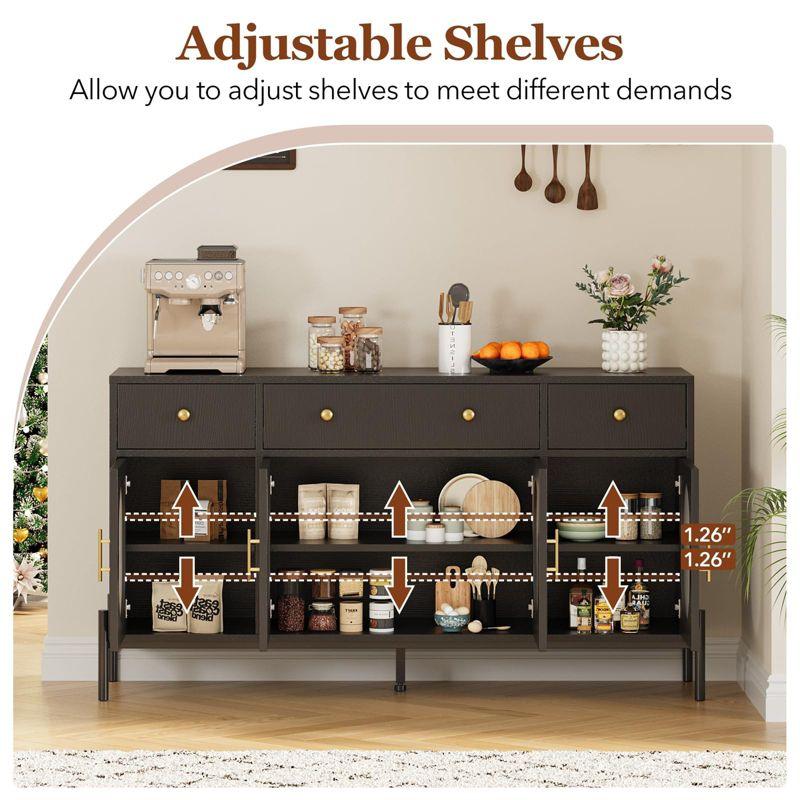 62" Large Sideboard Buffet Cabinet with Storage and 3 Drawers, Buffet Table Coffee Bar Storage Cabinet with 4 Glass Doors