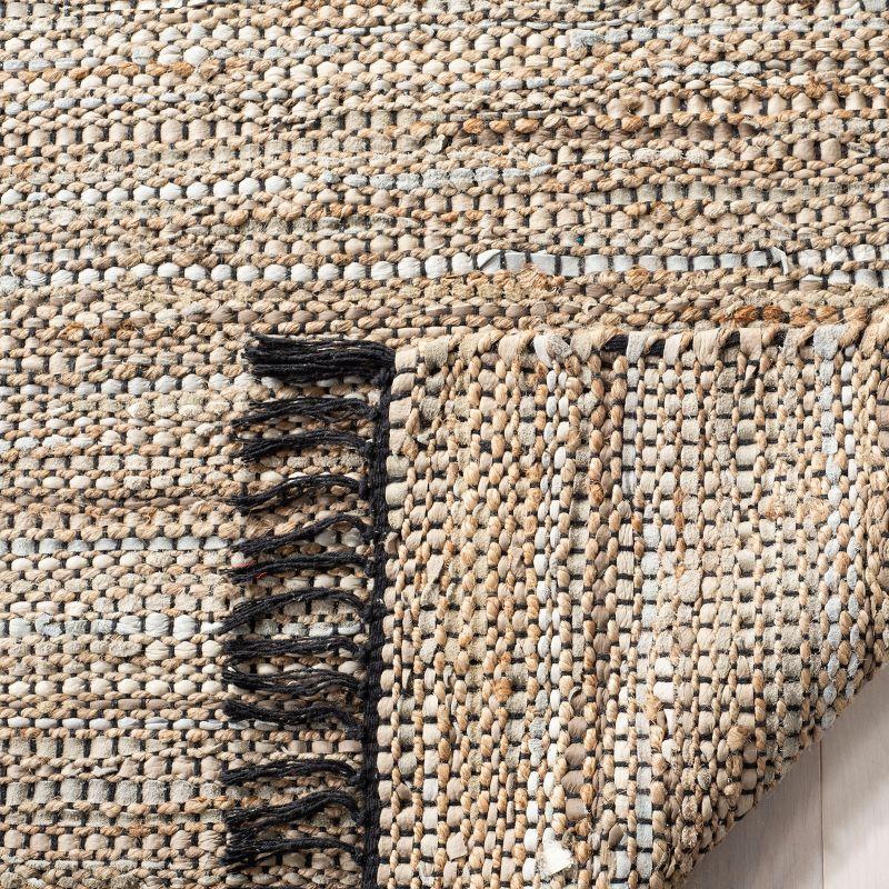 Beige Handwoven Leather Square Area Rug with Fringe