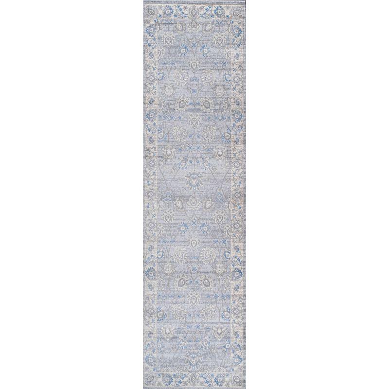 Gray and Blue Floral Synthetic Runner Rug, 2 ft x 8 ft