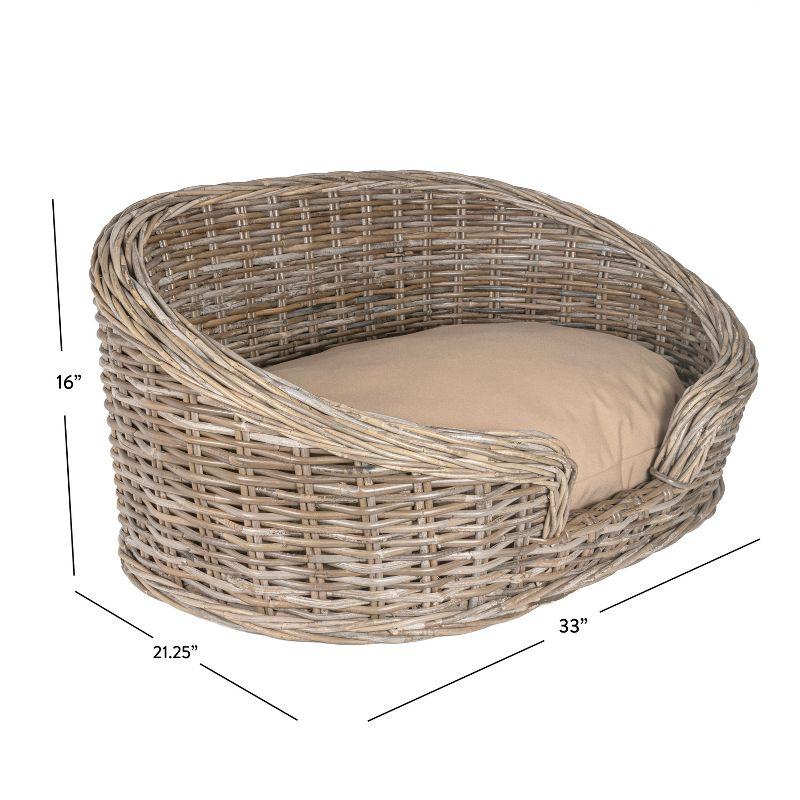 THE LICKER STORE Curvy 33" x 21.25" Classic Handwoven Rattan Dog Bed with Machine-Washable Cushion, Kubu Gray