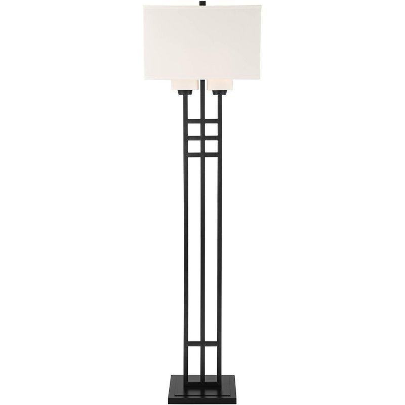 Franklin Iron Works Industrial Floor Lamp 64" Tall Matte Black 3-Light Rectangular Linen White Glass Shades for Living Room House