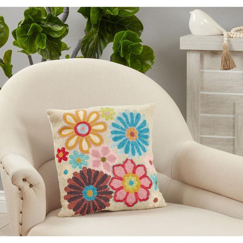 Multicolor Cotton Embroidered Euro Beaded Flower Pillow Cover