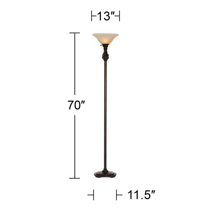 Regency Hill Traditional Torchiere Floor Lamp 70" Tall Hand Applied Black Bronze Swirl Font Amber Glass Shade for Living Room Uplight