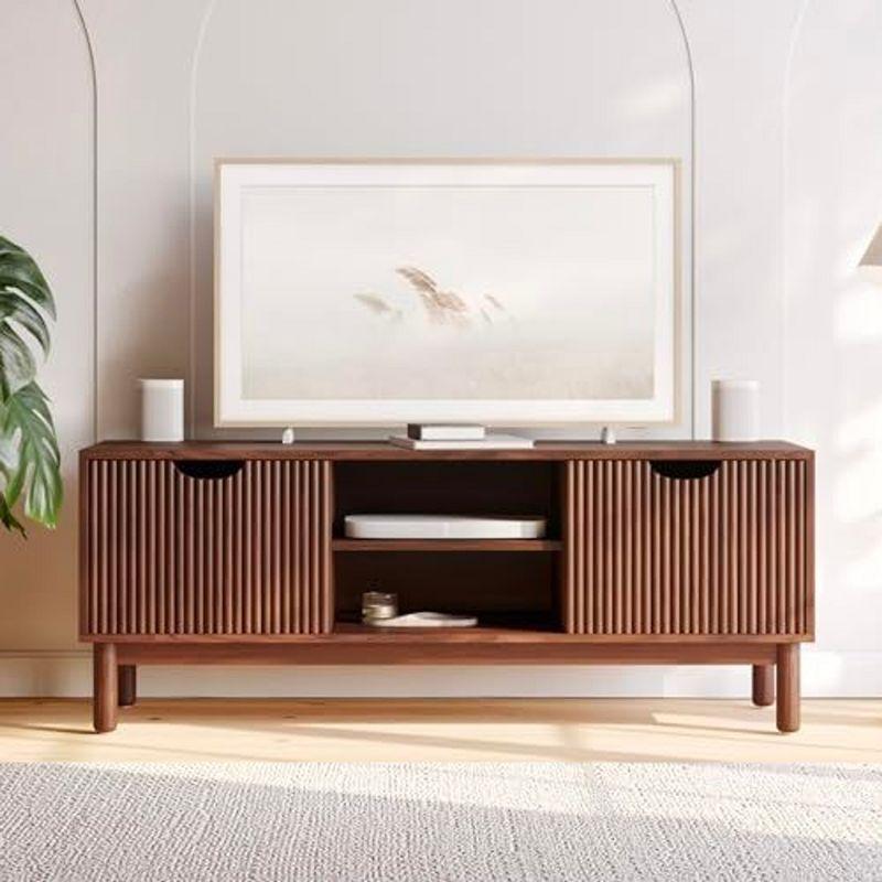 Stead Low Profile Fluted TV Stand - Mid Century Media Console - 48” Entertainment Center with Shelves and Doors, Walnut Finish