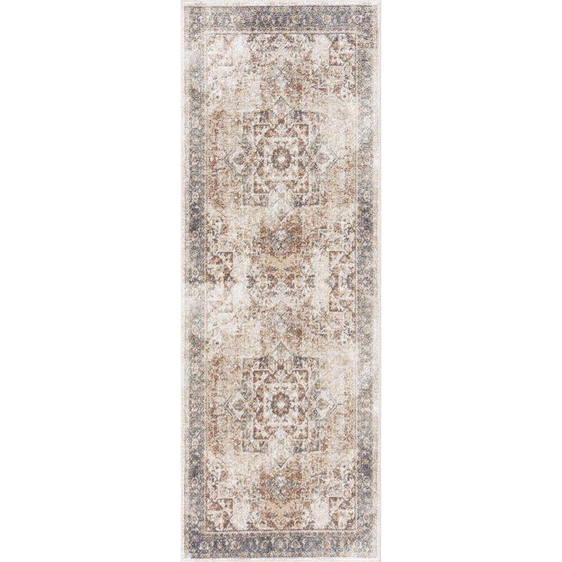 Medallion Design Performance Beige/Brown/Blue Machine Washable Area Rug