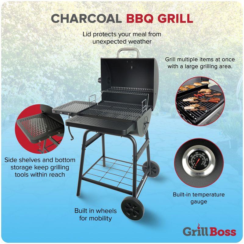 Grill Boss 23 Inch Barrel Charcoal Grill with Adjustable Grate, Large Cooking Area, Built In Temperature Gauge, and Durable Cast Iron Grates, Black