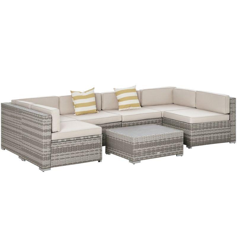 Outsunny 7-Piece Patio Furniture Set, Outdoor Wicker Conversation Set, All Weather PE Rattan Sectional Sofa w/ Faux Wood Table, Stripe Pillows, Beige