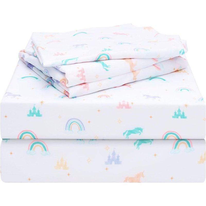 SYNCFUN Unicorn/ Rainbow/ Construction Vehicle Full Sheet Set for Kids, Kids Full Sheet Set - 4 Piece Soft Microfiber Bed Sheets - Cozy Toddler Bedding Set - Fade Resistant Breathable for Boys Girls Teens