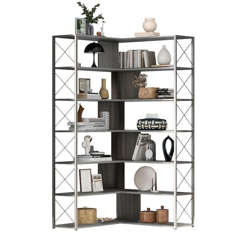 7-Tier Bookcase Home Office Bookshelf, L-Shaped Corner Bookcase with Metal Frame, Industrial Style Shelf with Open Storage, MDF Board-The Pop Home