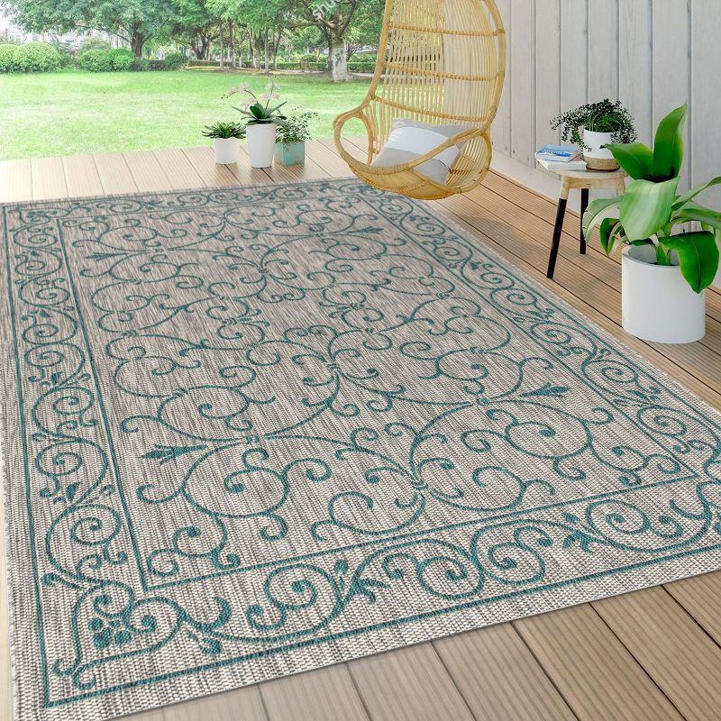 5'x8' Charleston Vintage Filigree Textured Weave Indoor/Outdoor Area Rug, Gray/Teal - JONATHAN Y