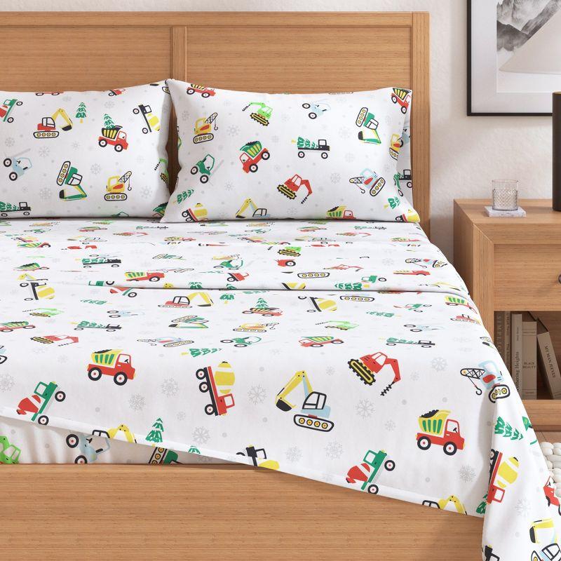 100% Cotton Christmas Flannel Sheets - Great Bay Home (Twin, Christmas Toy Trucks)