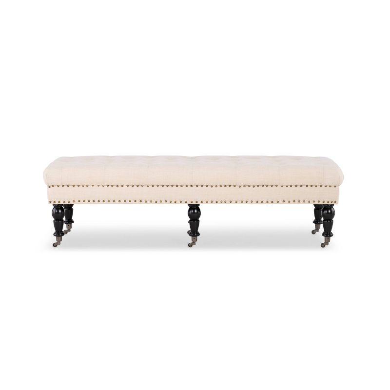 Isabelle 62'' Natural Linen Upholstered Bench with Bronze Nailheads