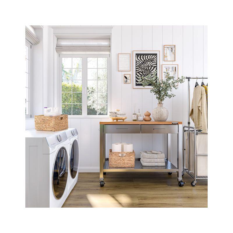 48'' Wide Stainless Steel Kitchen Rolling Cart Island with Solid Wood Top