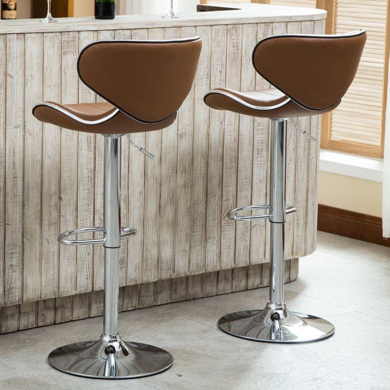 Roundhill Furniture Masaccio Cushioned Leatherette Upholstery Airlift Adjustable Swivel Barstool with Chrome Base, Caramel, Set of 2