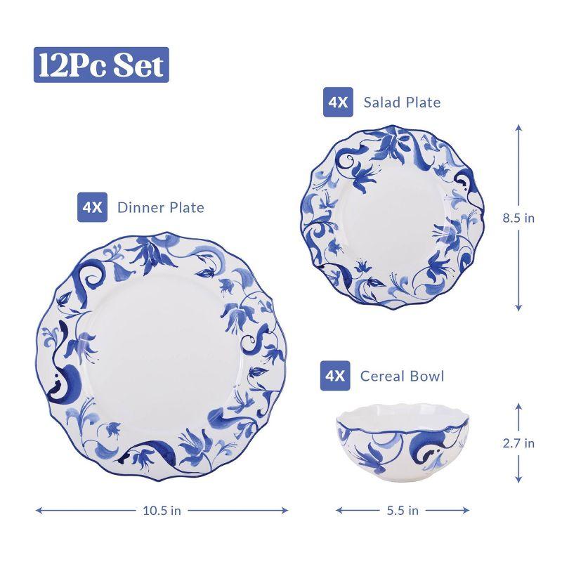 Ayla Blue and White Floral Porcelain 12-Piece Dinnerware Set