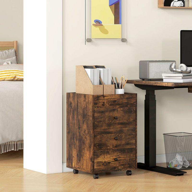 HOMCOM 3 Drawer Vertical File Cabinet, Mobile Filing Cabinet with Removable Tray, Under Desk Printer Stand with Storage for Home Office, Brown