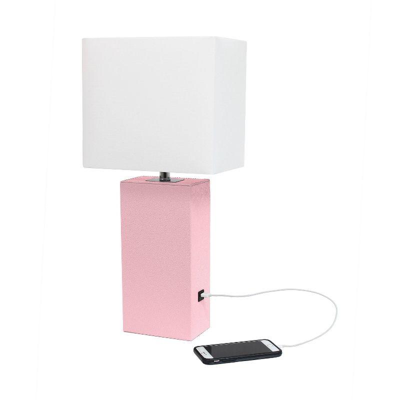 Modern Leather Table Lamp with USB, White Linen Shade, No Assembly - Elegant Designs: UL Listed, 1-Way Switch