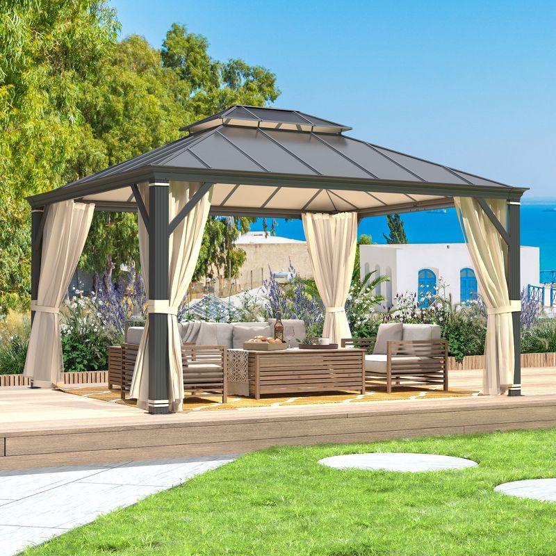 EROMMY 12'x14' Hardtop Gazebo Patio Furniture, Aluminum Frame Double Roof, Privacy Curtains and Premium Net for Patio Lawn and Garden