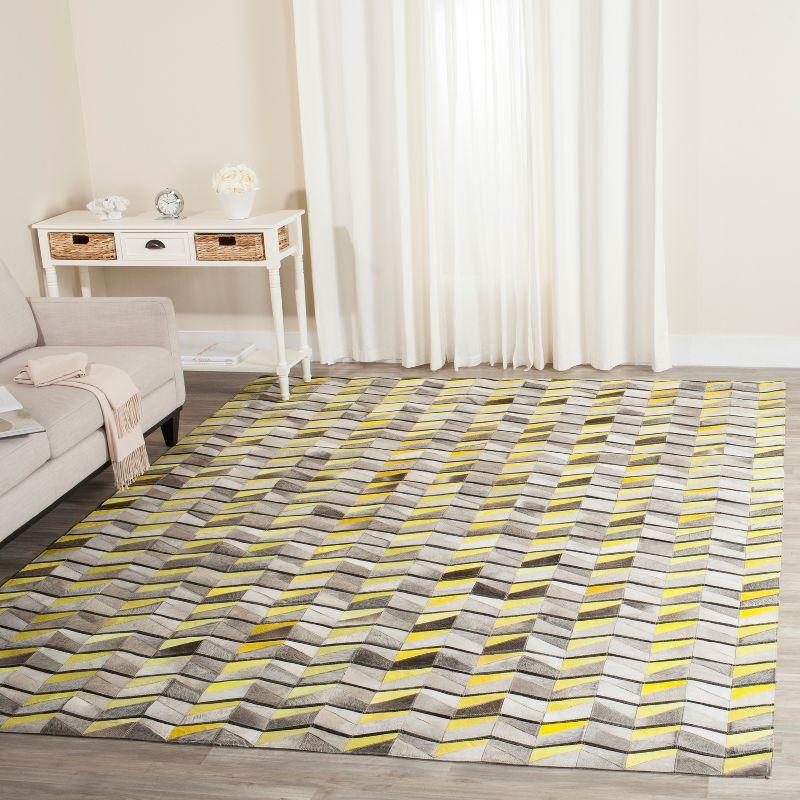 Ivory and Yellow Hand-Knotted Geometric Cowhide Rug, 5' x 8'