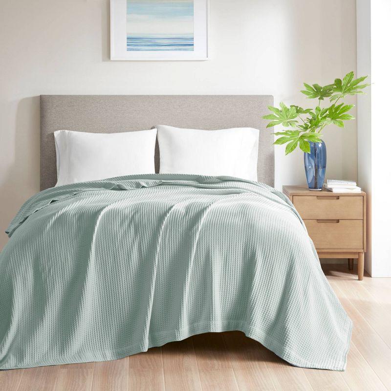 Aqua Twin-Size Ultra-Soft Cotton Waffle Weave Blanket