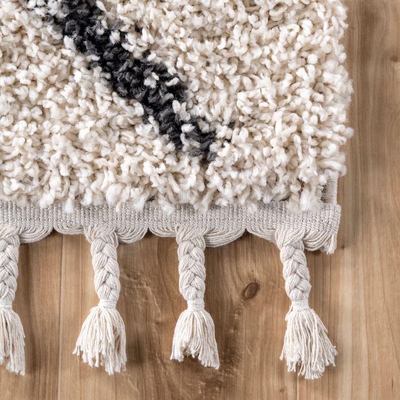 Off-White Oval Braided Shag Area Rug with Tassels