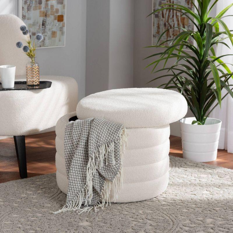 Tabitha Boucle Upholstered Storage Ottoman Ivory - Baxton Studio: Contemporary Round, No Assembly Required