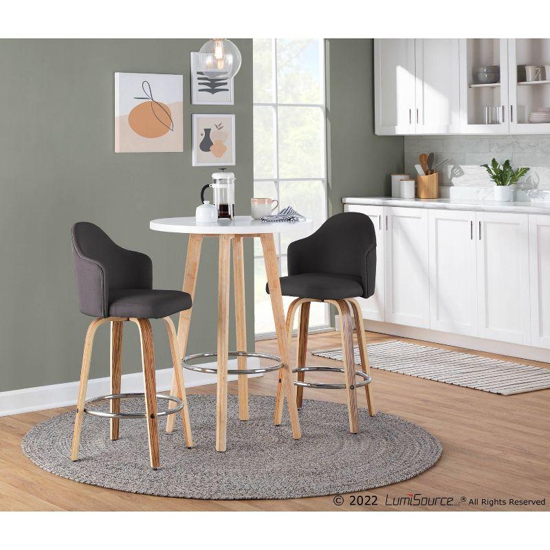 Zebra Wood & Chrome Swivel Counter Stool with Charcoal Fabric, Set of 2