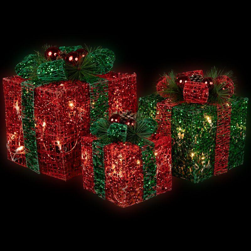 Northlight Seasonal Set of 3 Lighted Red and Green Tinsel Gift Boxes with Bows Christmas Outdoor Decorations 10"