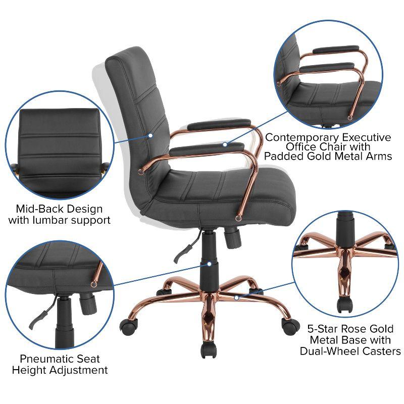 Emma and Oliver Mid-Back Black LeatherSoft Executive Swivel Office Chair - Rose Gold Frame/Arms