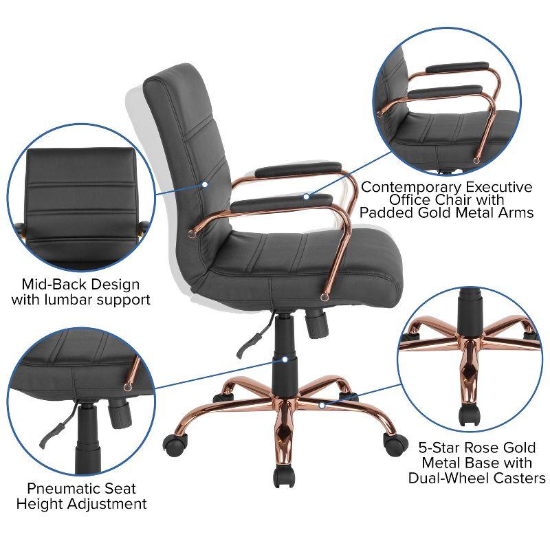 Mid-Back Black LeatherSoft Executive Swivel Chair with Rose Gold Metal Frame