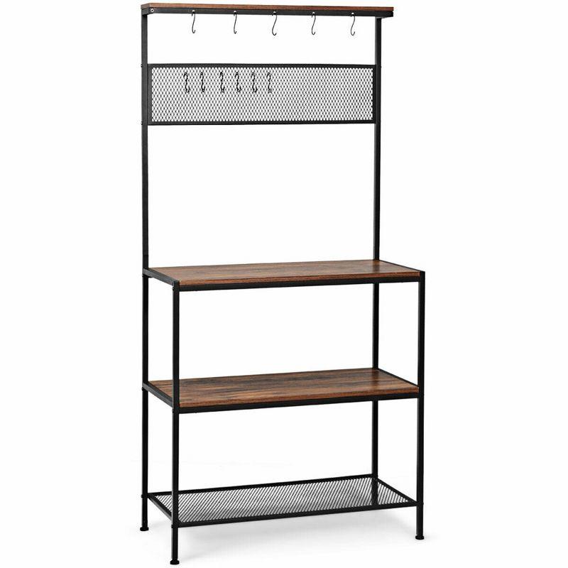 Costway 4-Tier Kitchen Bakers Rack Microwave Oven Stand Industrial w/Hooks & Mesh Panel