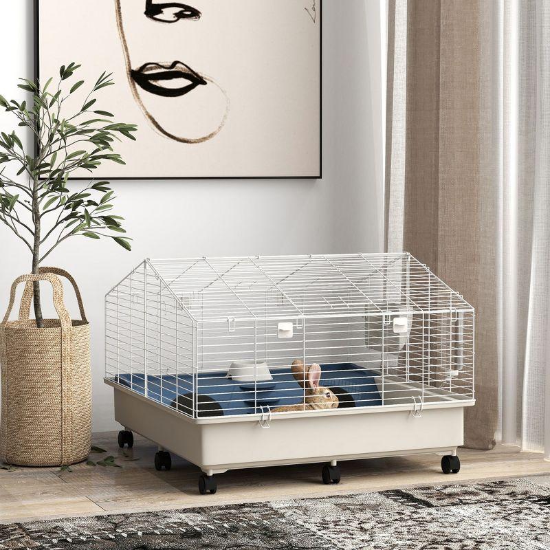 PawHut Small Animal Cage, Rolling Guinea Pig Cage with Water Bottle, Hay Feeder, Food Dish, Ramp, for Rabbits, Hedgehogs, 35" x 35" x 25", White