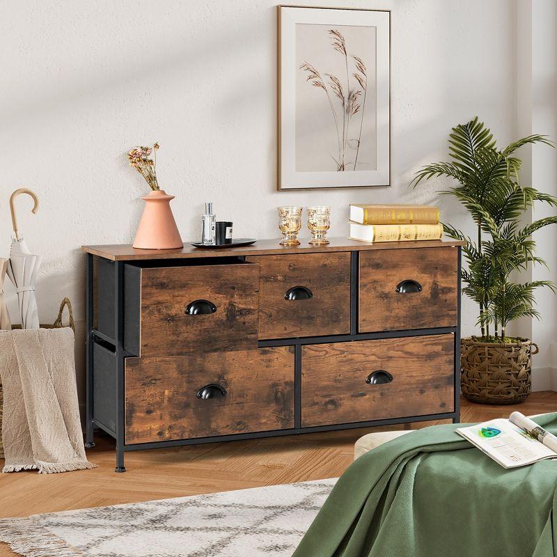 Rustic Brown 5-Drawer Fabric Storage Dresser with Wooden Top