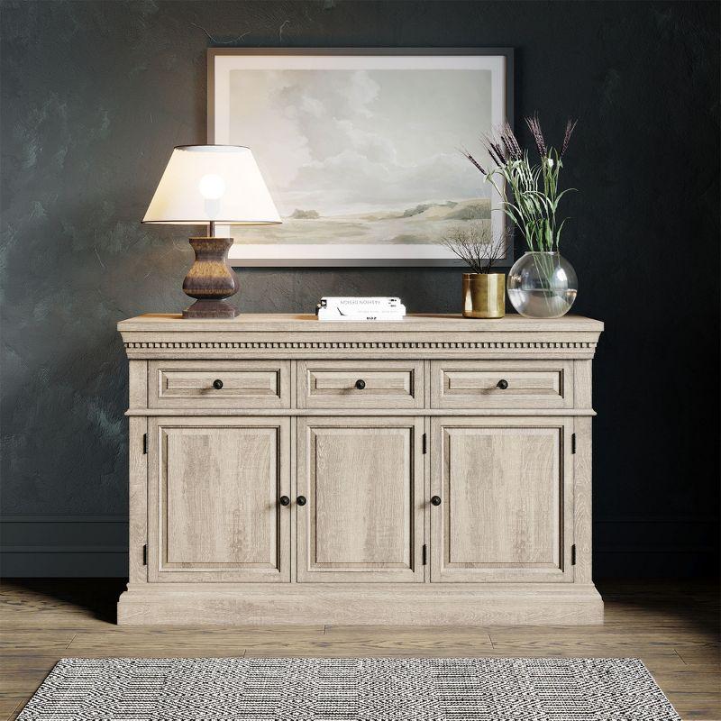 Theo Antiqued White Wooden Sideboard with Drawers and Shelves