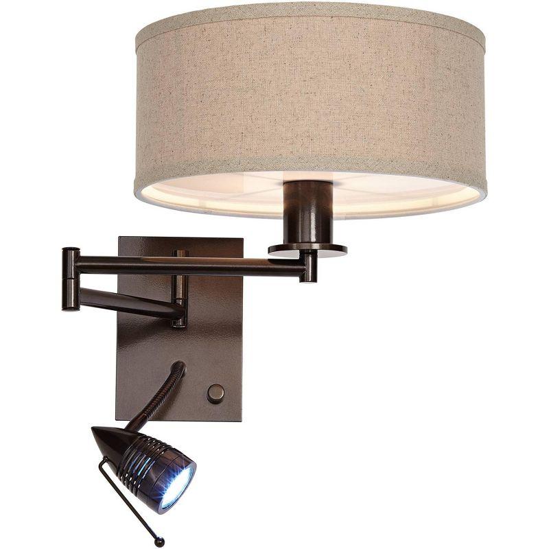 Possini Euro Design Radix Modern Swing Arm Wall Lamp Bronze with Cord Cover LED Reading Light Plug-in Light Fixture Oatmeal Shade for Bedroom Bedside