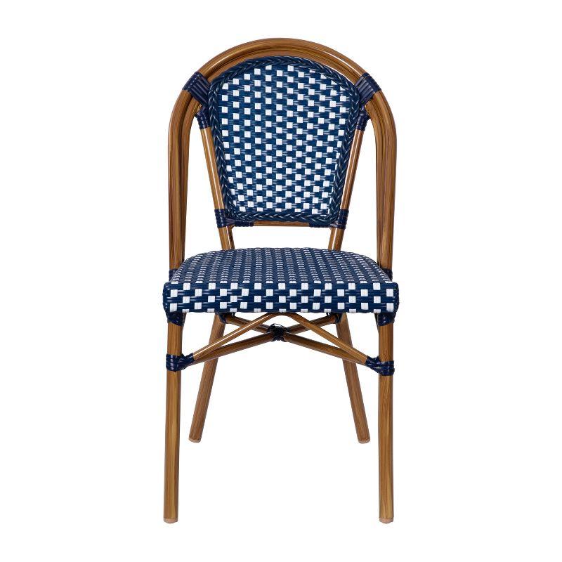 Emma & Oliver Soie Set of Two Stacking Bistro Chairs with Navy and White PE Seat and Back and Bamboo Finished Aluminum Frame for Indoor/Outdoor Use