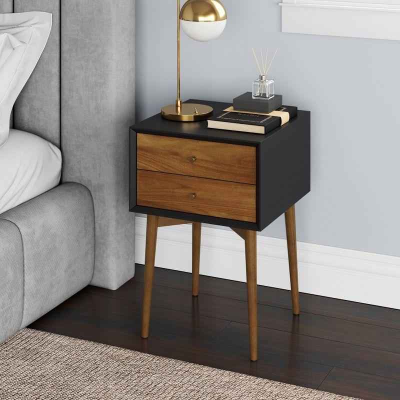 Nathan James Harper Nightstand Acacia Black: Mid-Century Modern with Storage Drawers & Pinewood Legs
